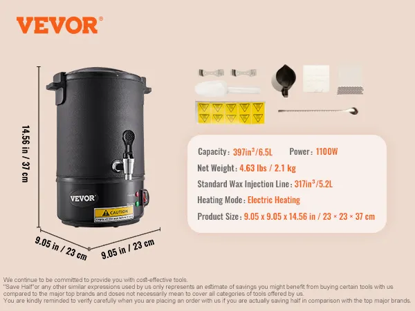 VEVOR wax melter with 6.5l capacity, 1100w power, and electric heating; accessories included.