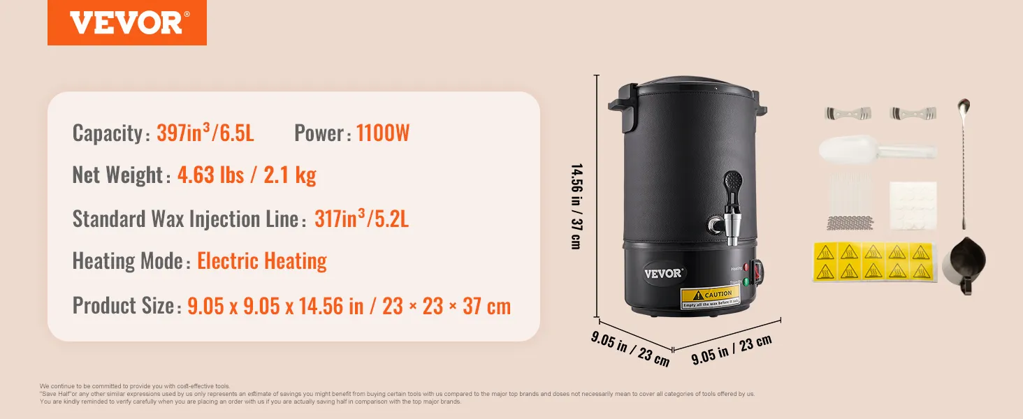 VEVOR wax melter with 6.5l capacity, 1100w power, and electric heating; accessories included.