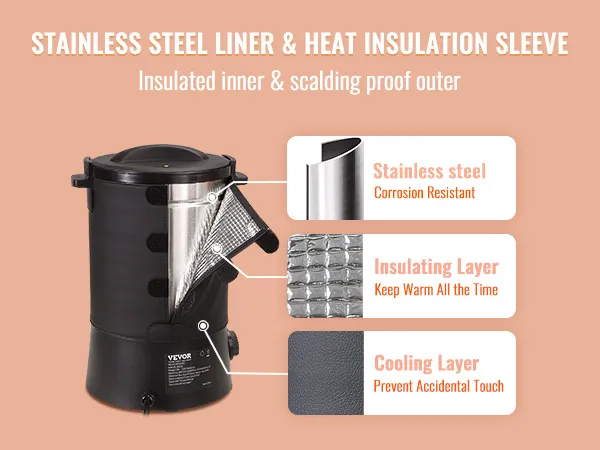 VEVOR wax melter with stainless steel liner, heat insulation sleeve, insulating and cooling layers.