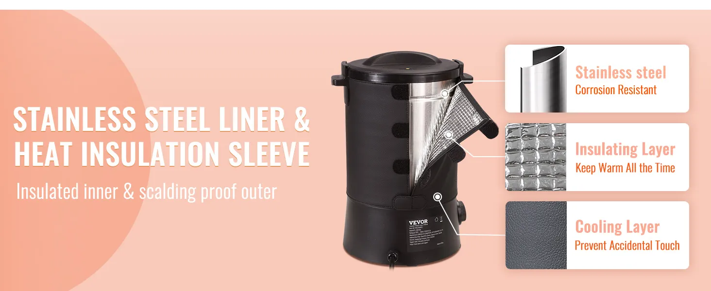 VEVOR wax melter with stainless steel liner, heat insulation sleeve, insulating and cooling layers.