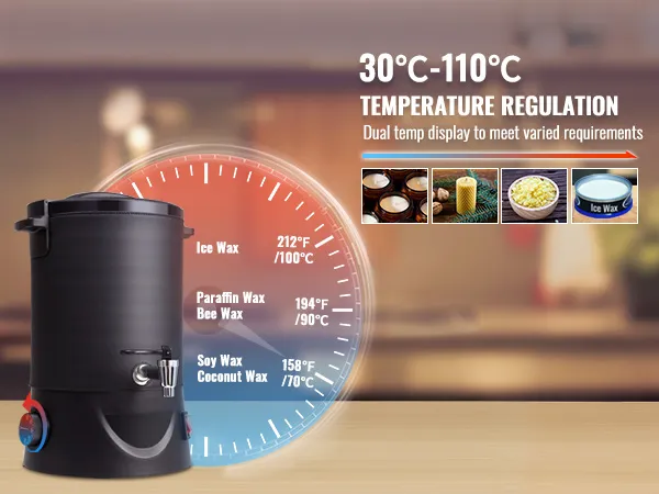 VEVOR wax melter with dual temperature display from 30℃ to 110℃ for varied wax types.