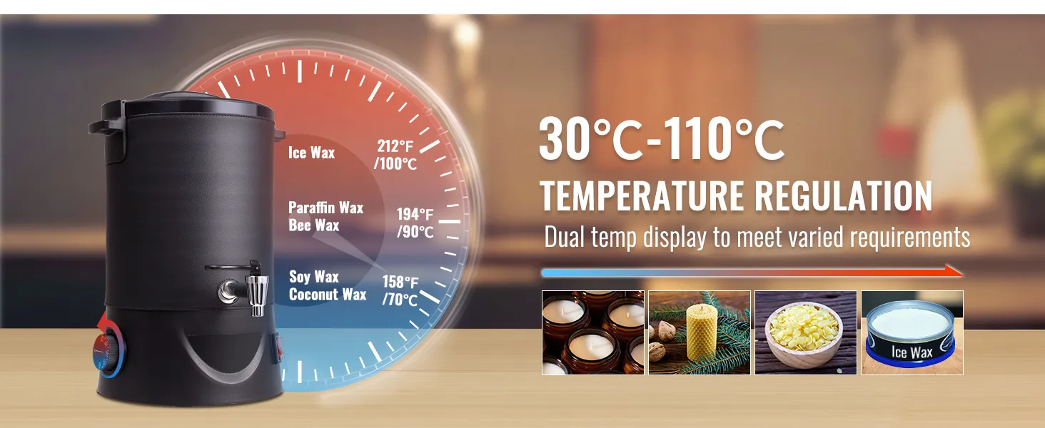 VEVOR wax melter with dual temperature display from 30℃ to 110℃ for varied wax types.