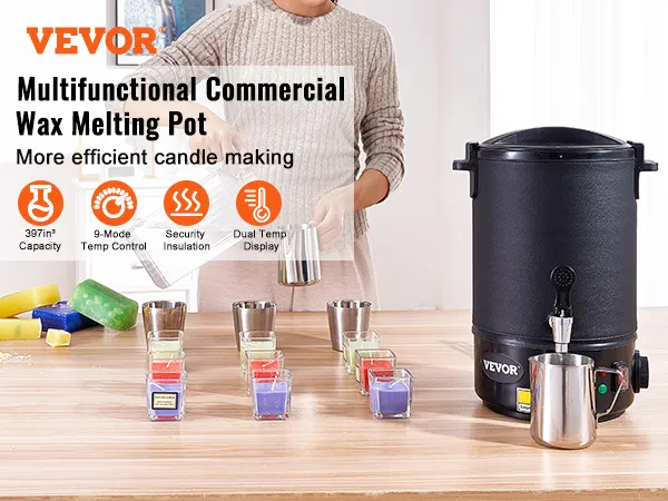 VEVOR wax melter, commercial wax melting pot, 9-mode temp control, efficient candle making.