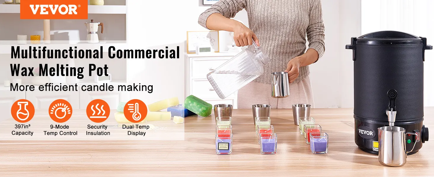 VEVOR wax melter, commercial wax melting pot, 9-mode temp control, efficient candle making.
