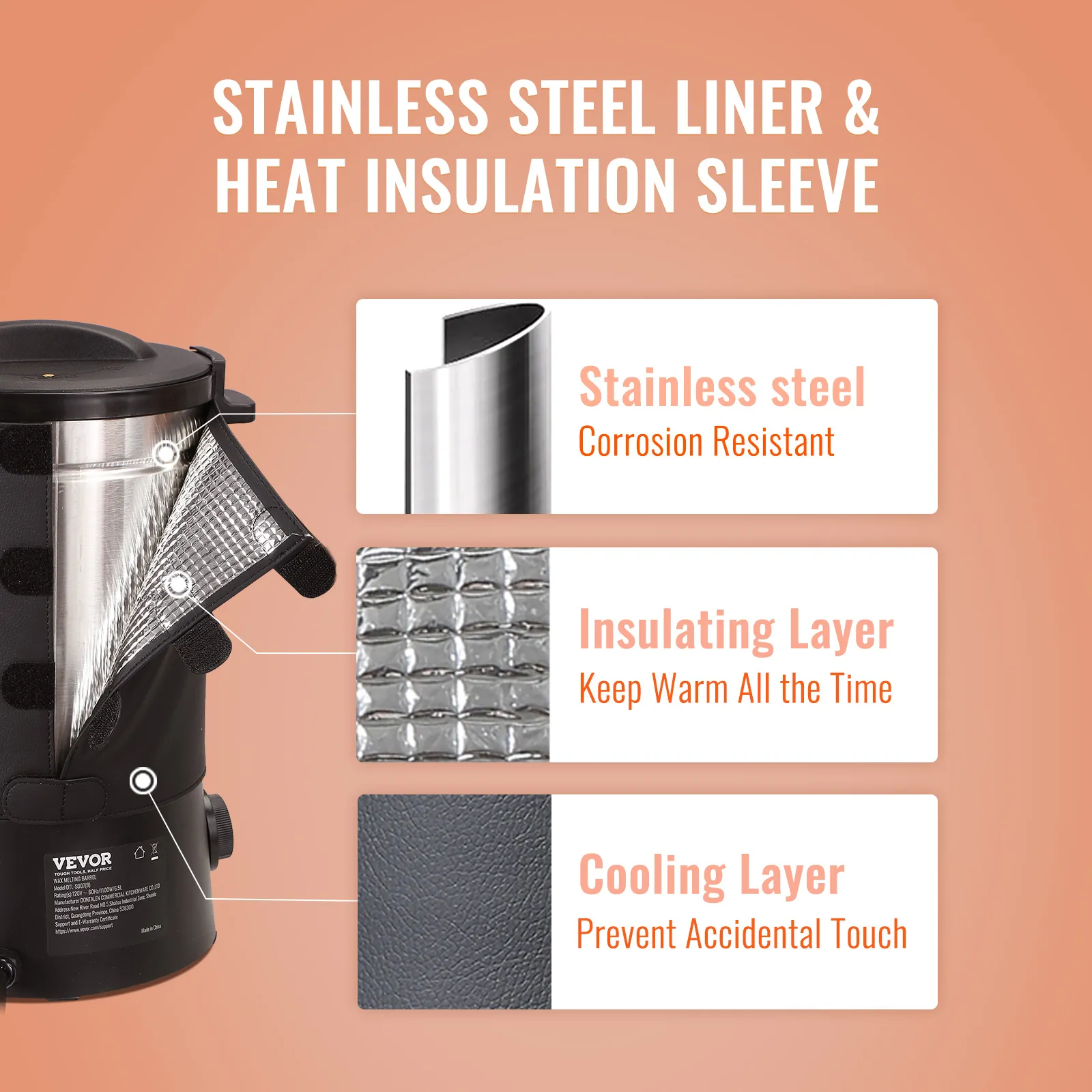VEVOR wax melter with stainless steel liner, insulating layer, and cooling layer for safety and efficiency.