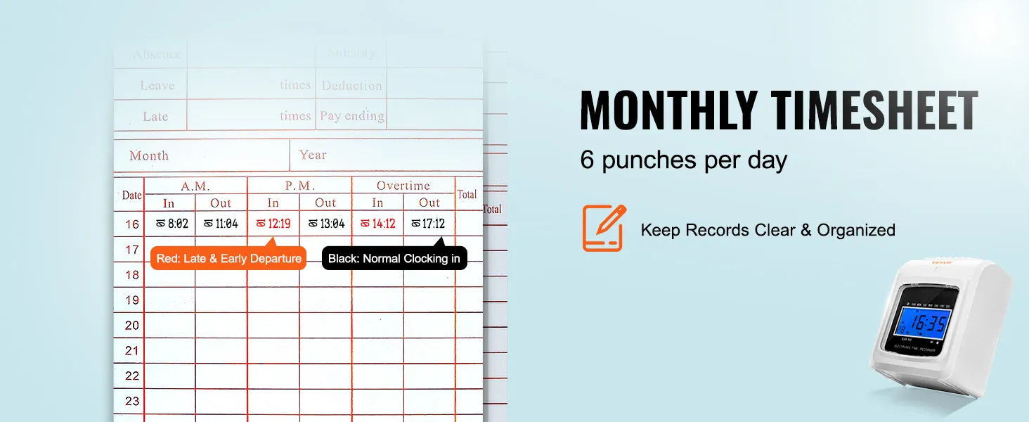 VEVOR Time Cards, Monthly Timesheets 100 pcs, 6 Columns Two-sided ...