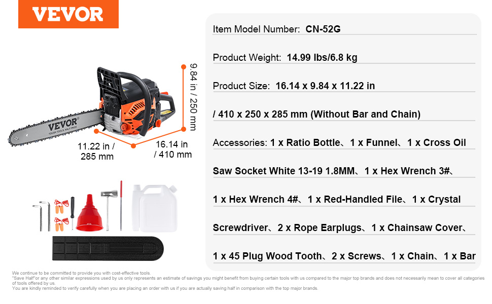 VEVOR 18 Inch Gas Chainsaw – 52CC Power & Durable Design