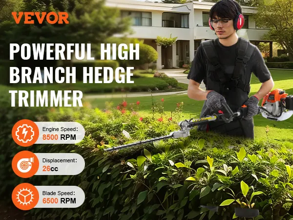 VEVOR gas hedge trimmer for high branches with an engine speed of 8500 rpm and a 26cc displacement.