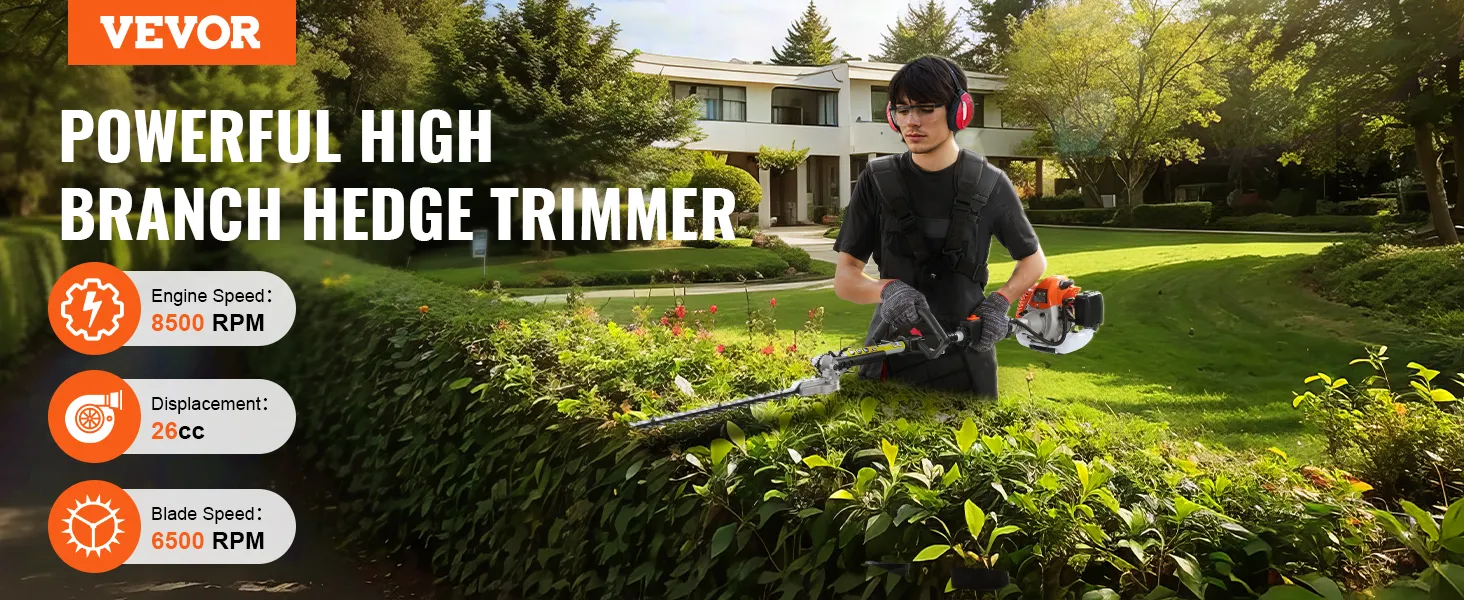 VEVOR gas hedge trimmer for high branches with an engine speed of 8500 rpm and a 26cc displacement.