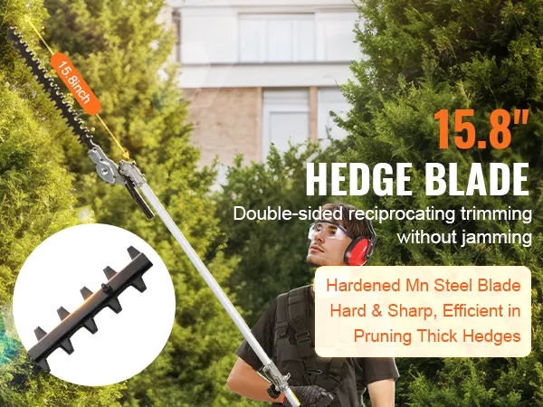 15.8" double-sided hedge blade trimming thick hedges with the VEVOR gas hedge trimmer.