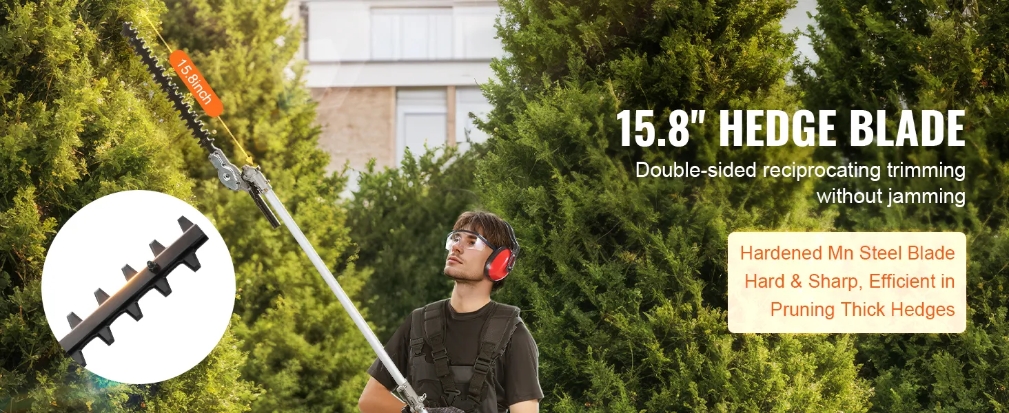 15.8" double-sided hedge blade trimming thick hedges with the VEVOR gas hedge trimmer.