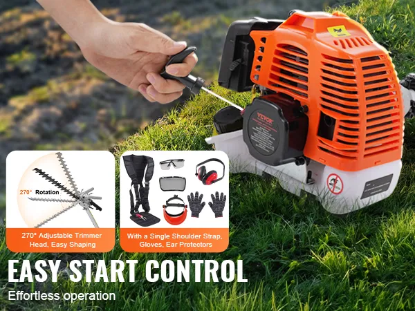 VEVOR gas hedge trimmer with easy start control, 270° adjustable trimmer head, and protective gear.
