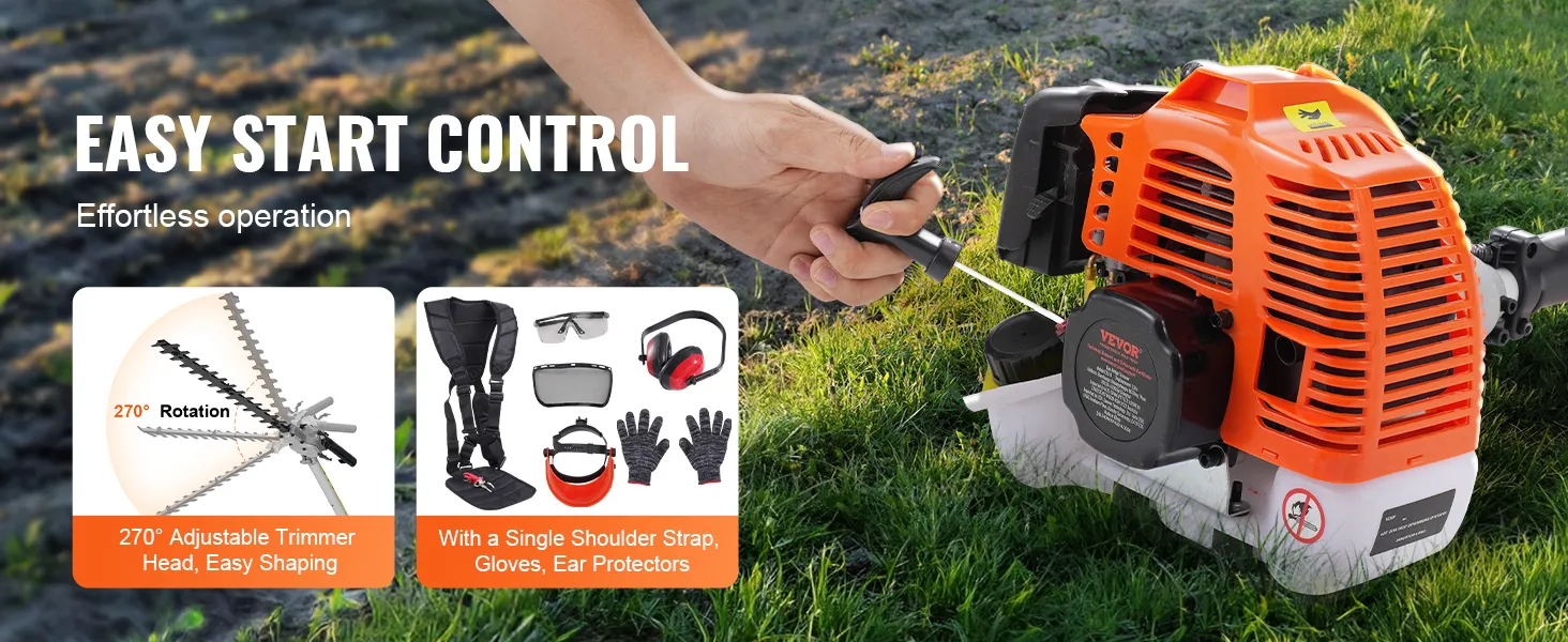 VEVOR gas hedge trimmer with easy start control, 270° adjustable trimmer head, and protective gear.