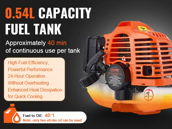 VEVOR gas hedge trimmer showcasing a 0.54l fuel tank, 40:1 fuel to oil ratio, and efficient cooling.