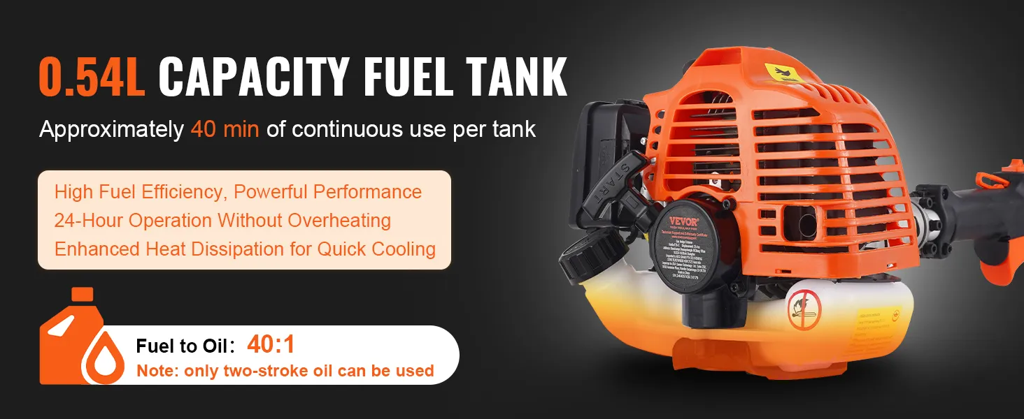 VEVOR gas hedge trimmer showcasing a 0.54l fuel tank, 40:1 fuel to oil ratio, and efficient cooling.