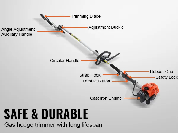 VEVOR gas hedge trimmer with trimming blade, circular handle, throttle button, and cast iron engine.