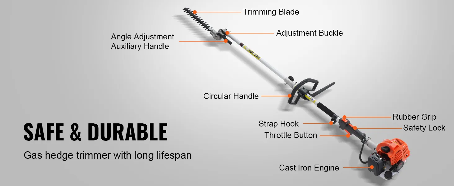 VEVOR gas hedge trimmer with trimming blade, circular handle, throttle button, and cast iron engine.
