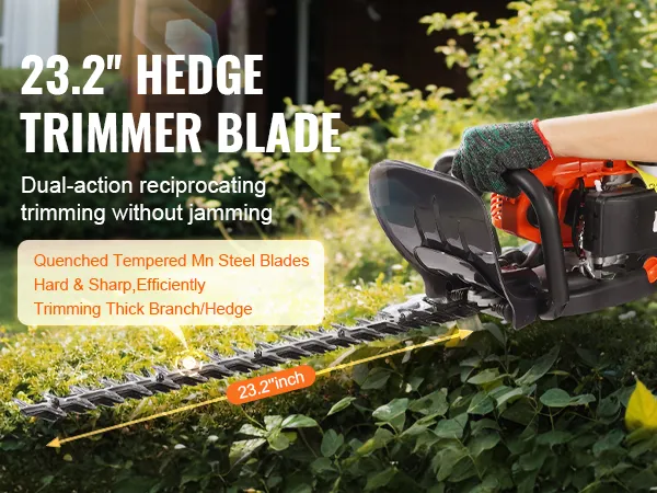 person using a VEVOR gas hedge trimmer with a 23.2-inch dual-action blade on green foliage.