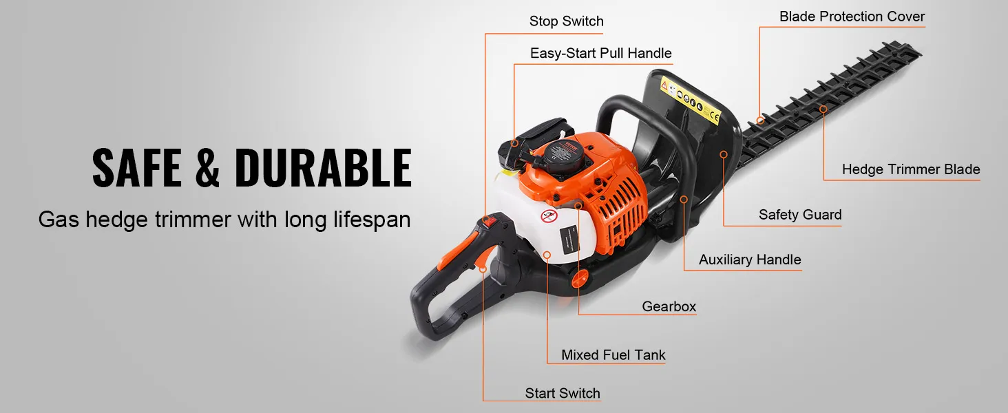VEVOR gas hedge trimmer with labeled parts: stop switch, pull handle, blade, and mixed fuel tank.