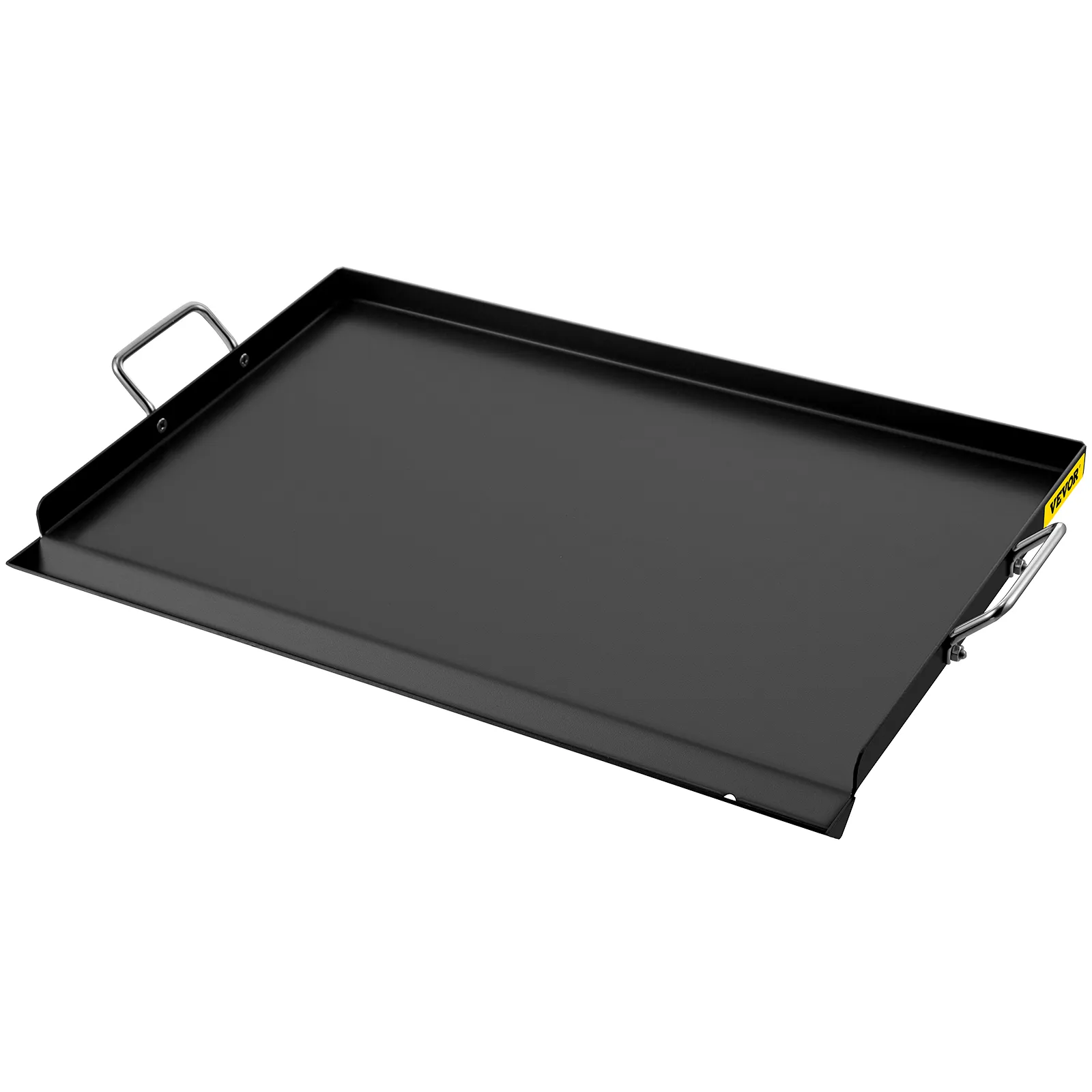 Plancha de acero al carbono VEVOR negra con asas plateadas y bordes elevados.