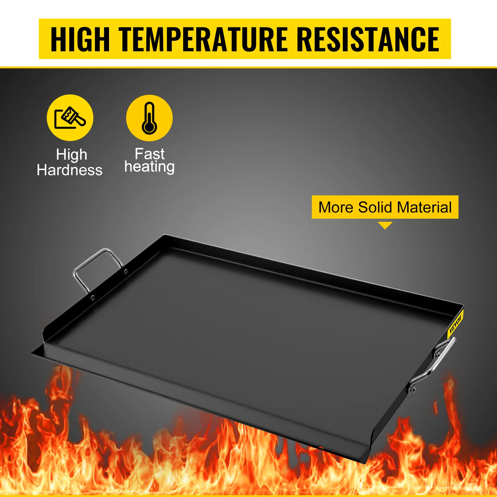 Plancha de acero al carbono VEVOR con resistencia a altas temperaturas y material sólido sobre llamas