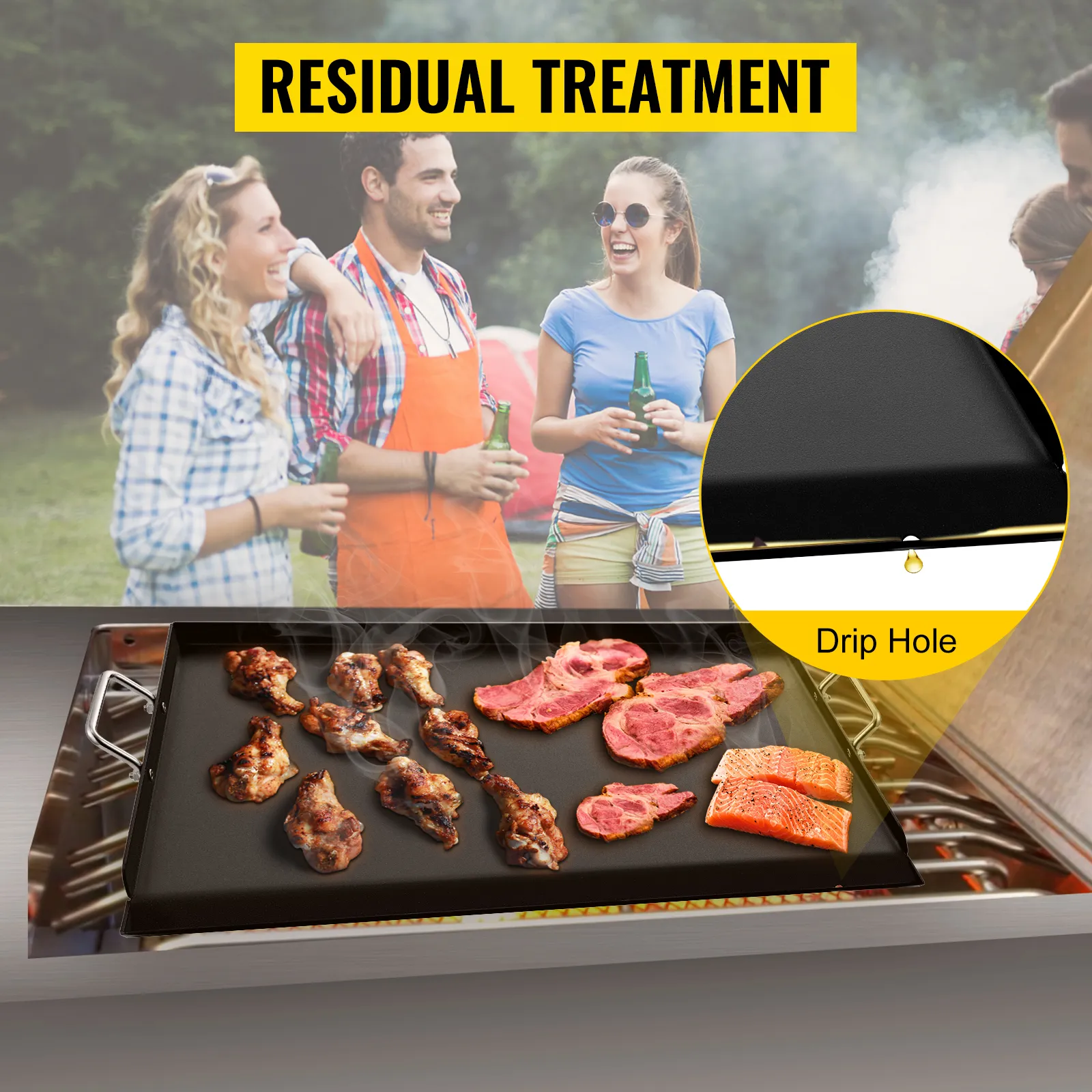 Asado en grupo sobre plancha de acero al carbono VEVOR con orificio de goteo para tratamiento de residuos.