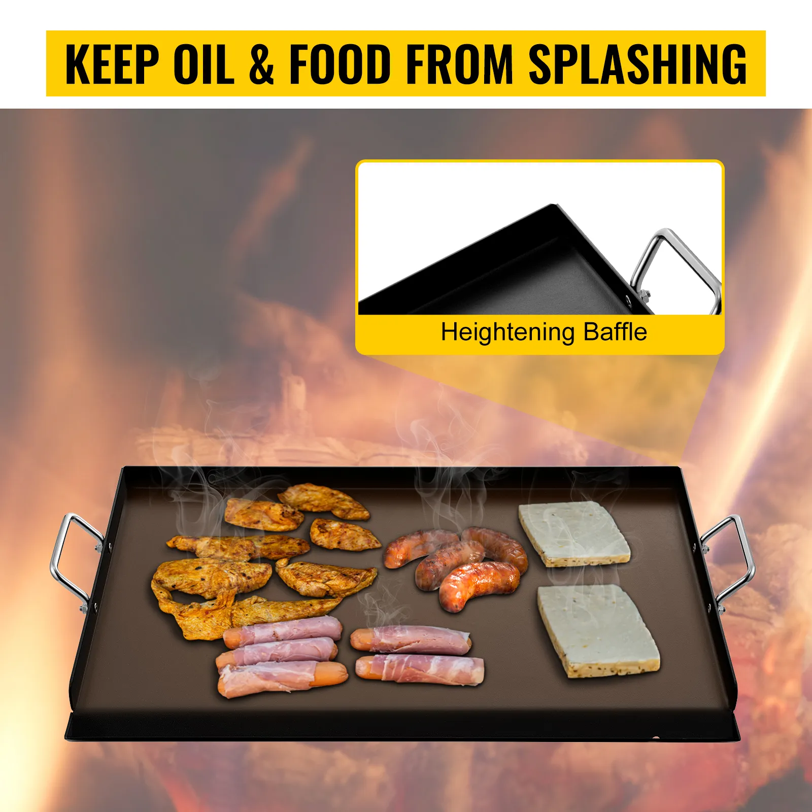 Plancha de acero al carbono VEVOR con cocción de alimentos, deflector elevado que reduce las salpicaduras