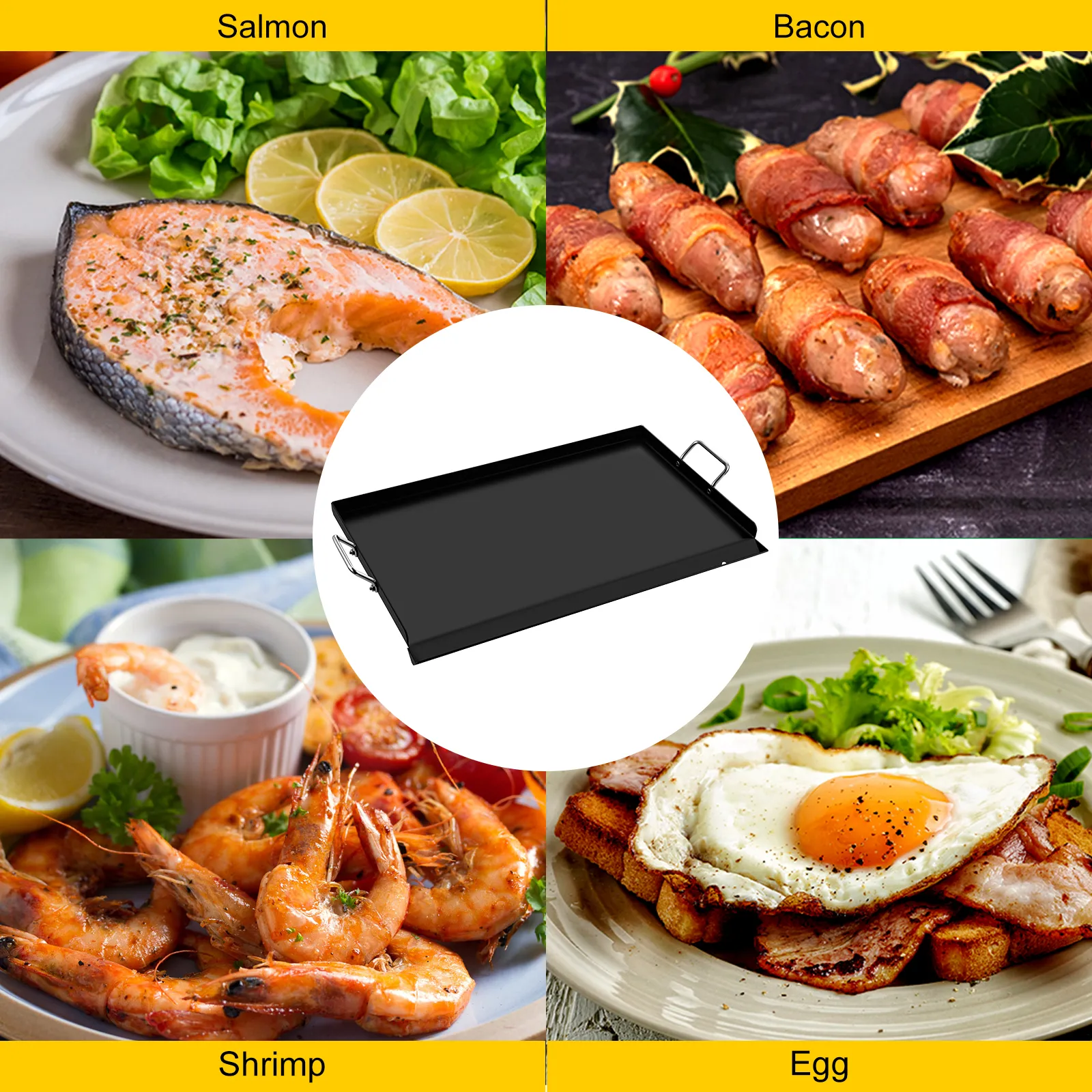 Plancha de acero al carbono VEVOR con platos de salmón, tocino, camarones y huevos en exhibición.