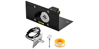black VEVOR fire pit ignition kit with key, cables, and yellow gas tape.