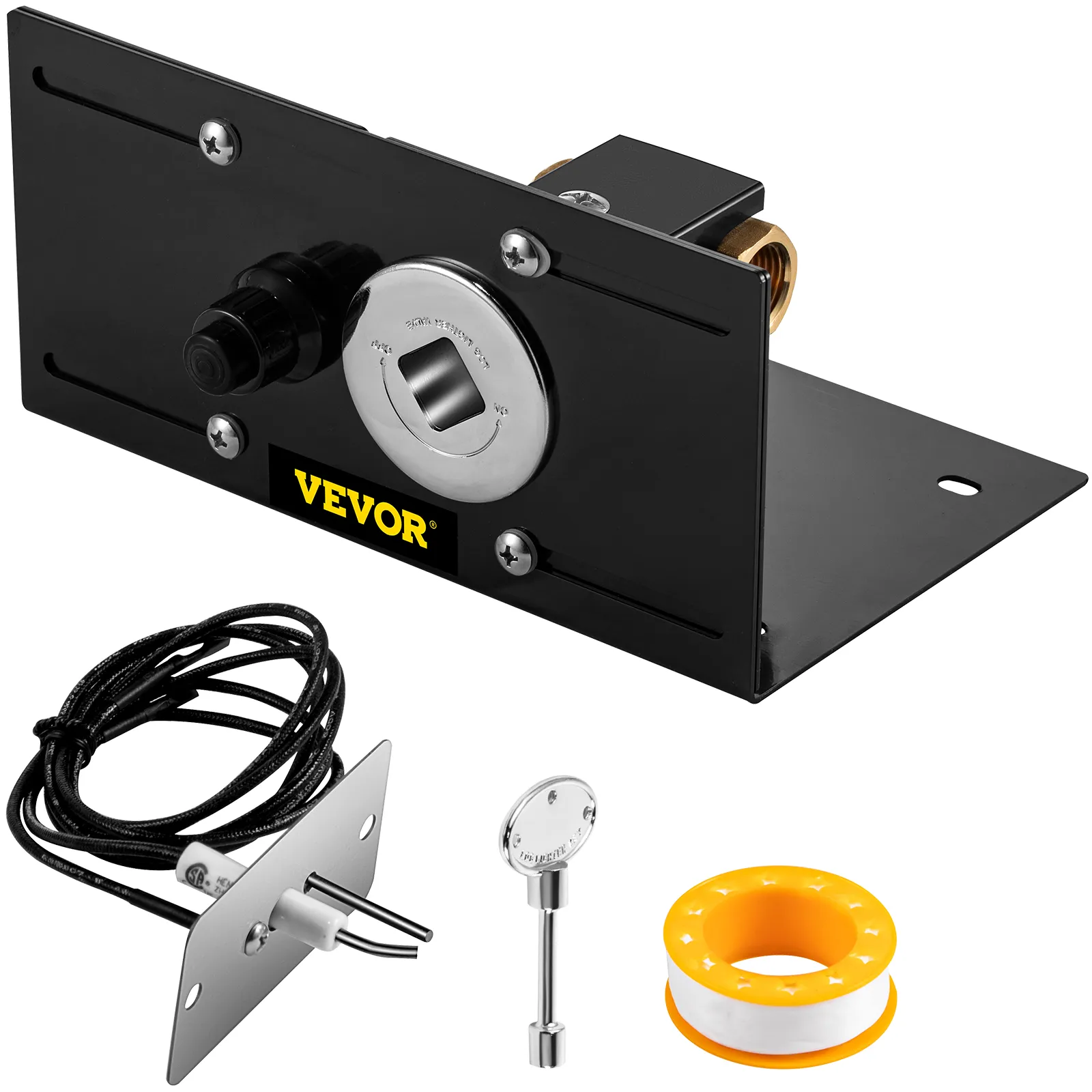 VEVOR fire pit ignition kit with control valve, wiring, key, and sealing tape.