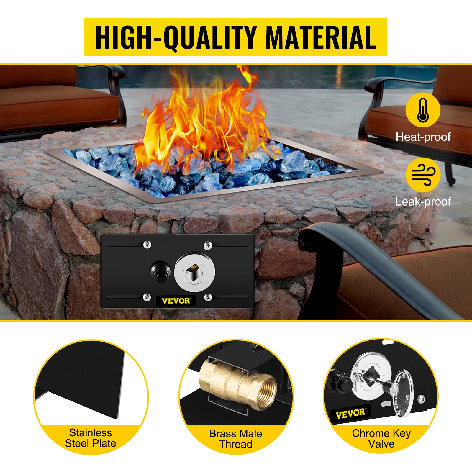 VEVOR fire pit ignition kit with stainless steel plate and chrome key valve