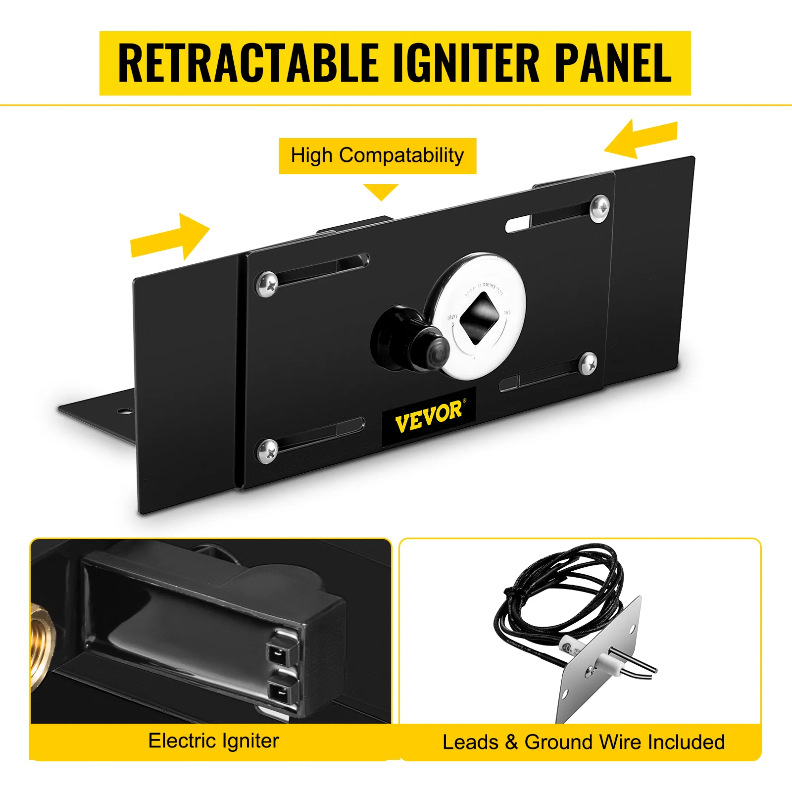 VEVOR fire pit ignition kit with retractable igniter panel, electric igniter, and wires.