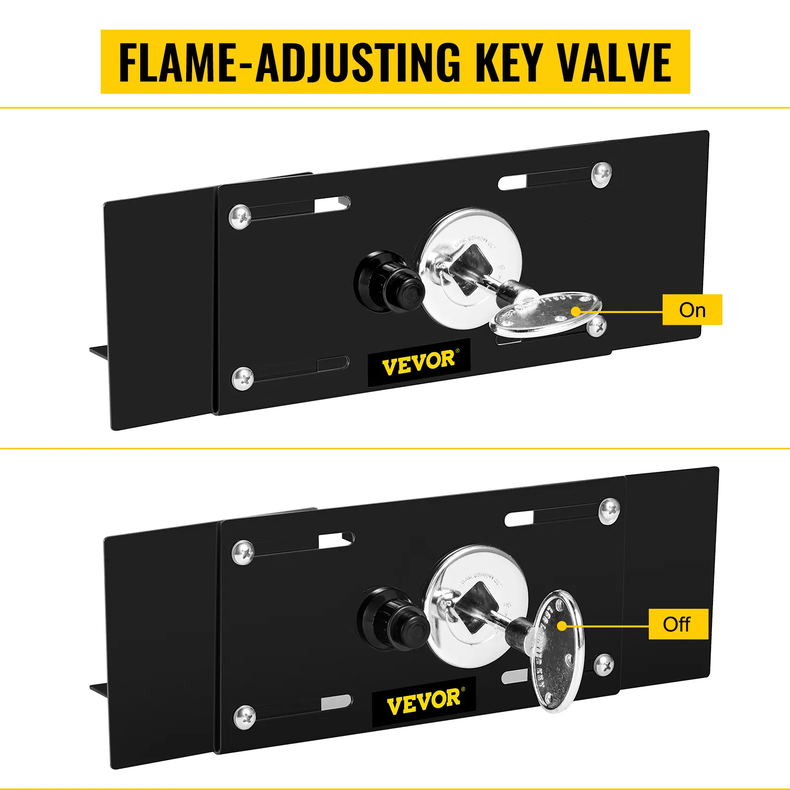VEVOR fire pit ignition kit with flame-adjusting key valve, showing on and off positions.