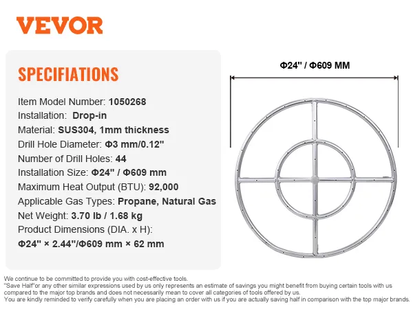 VEVOR fire pit pan, drop-in installation, sus304, φ24", 44 drill holes, for propane/natural gas.