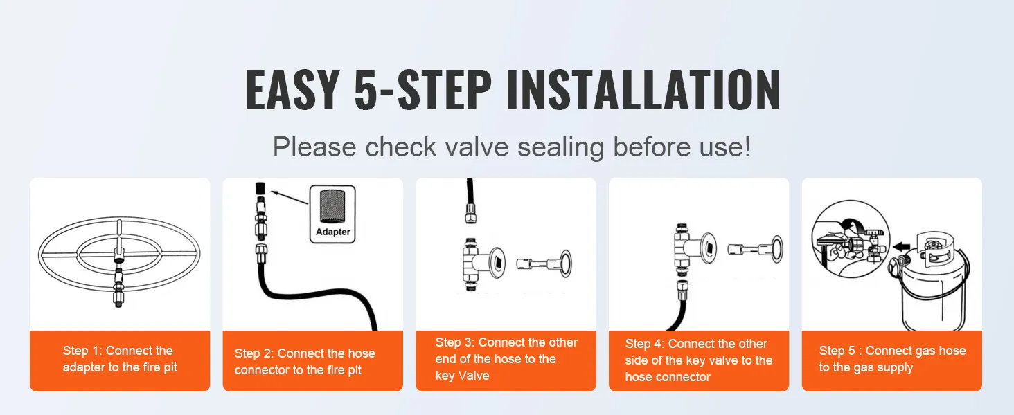 easy 5-step installation guide for VEVOR fire pit pan showing steps to connect gas hoses and adapter.