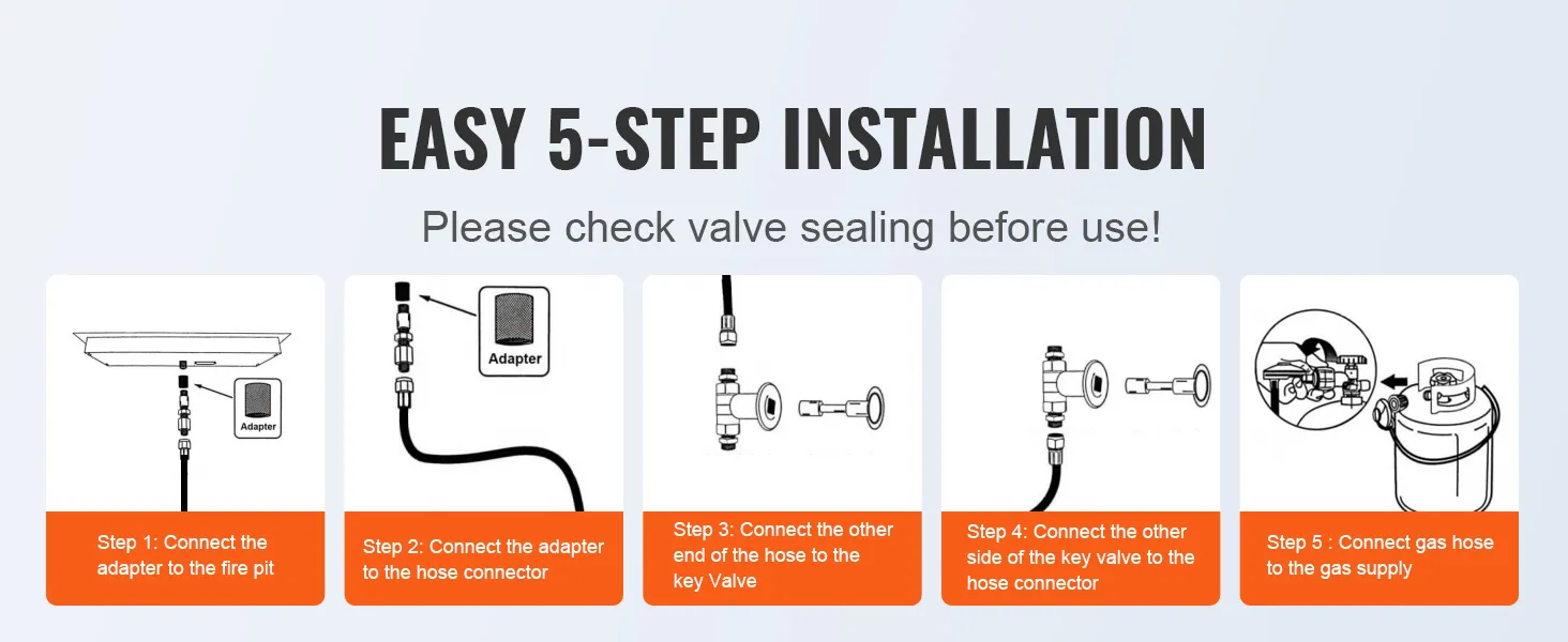 easy 5-step installation guide for VEVOR fire pit pan, from adapter to gas supply connection.