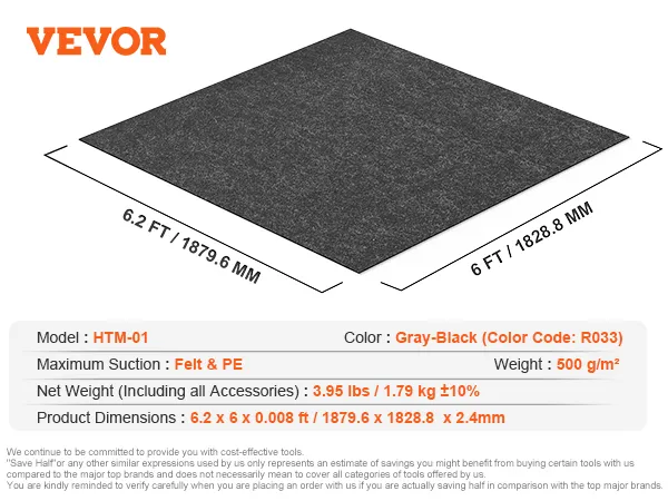 VEVOR hot tub mat, model htm-01, gray-black, dimensions 6.2 ft x 6 ft, weight 500 g/m².