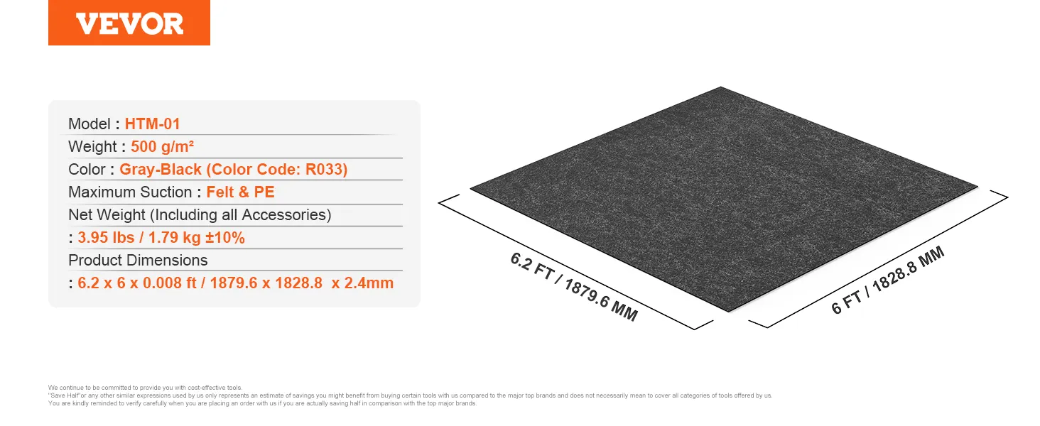 VEVOR hot tub mat, model htm-01, gray-black, dimensions 6.2 ft x 6 ft, weight 500 g/m².