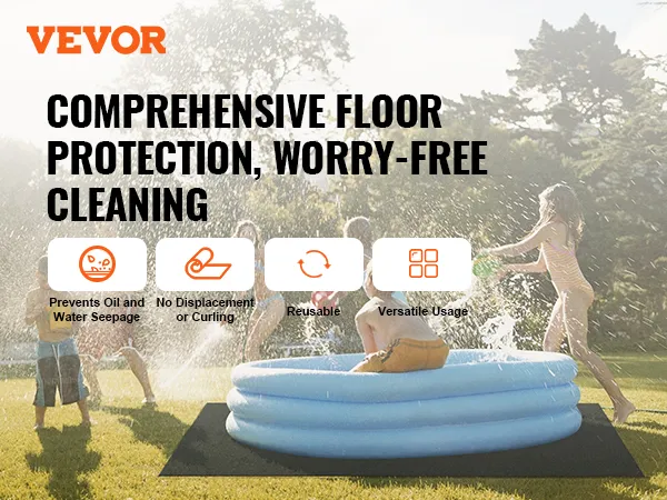 VEVOR hot tub mat with kids playing in an inflatable pool, highlighting floor protection benefits.