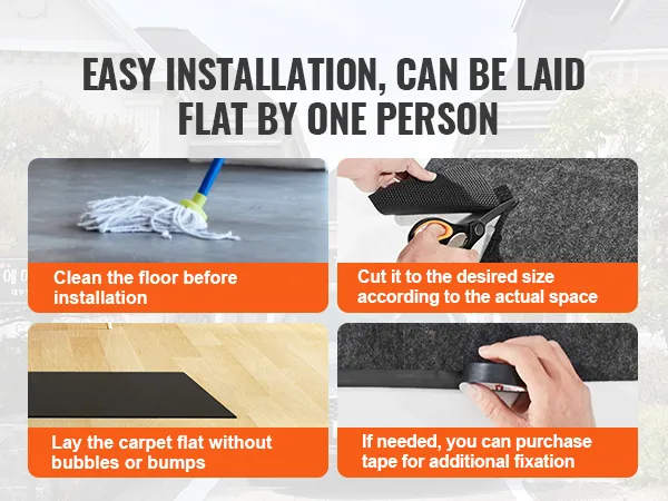 easy installation steps for VEVOR hot tub mat: cleaning the floor, cutting mat, laying flat, and optional taping.