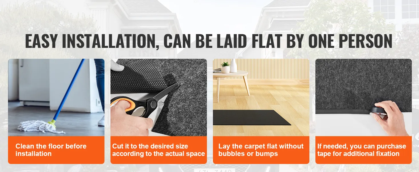 easy installation steps for VEVOR hot tub mat: cleaning the floor, cutting mat, laying flat, and optional taping.
