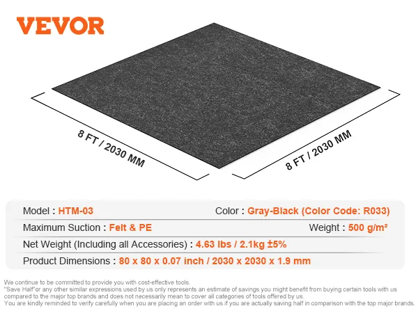 Mata do jacuzzi VEVOR, szaro-czarna, 8 stóp x 8 stóp, model htm-03, gramatura 500 g/m², filc i polietylen, 4,63 funta.