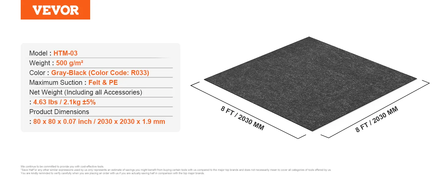 Mata do jacuzzi VEVOR, szaro-czarna, 8 stóp x 8 stóp, model htm-03, gramatura 500 g/m², filc i polietylen, 4,63 funta.