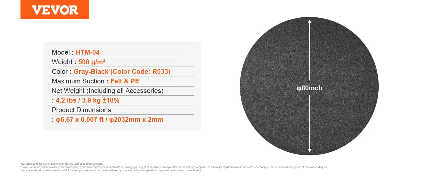 Mata do jacuzzi VEVOR, htm-04, średnica 80 cali, szaro-czarny filc i polietylen, waga 4,2 funta.