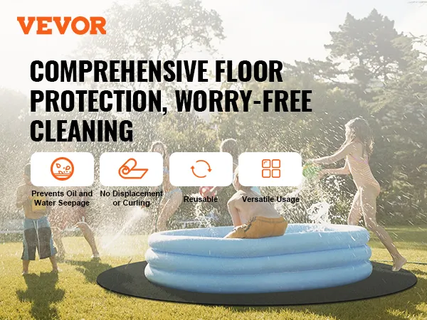 dzieci bawiące się w dmuchanym basenie na macie do jacuzzi VEVOR, podkreślające korzyści płynące z ochrony podłogi.