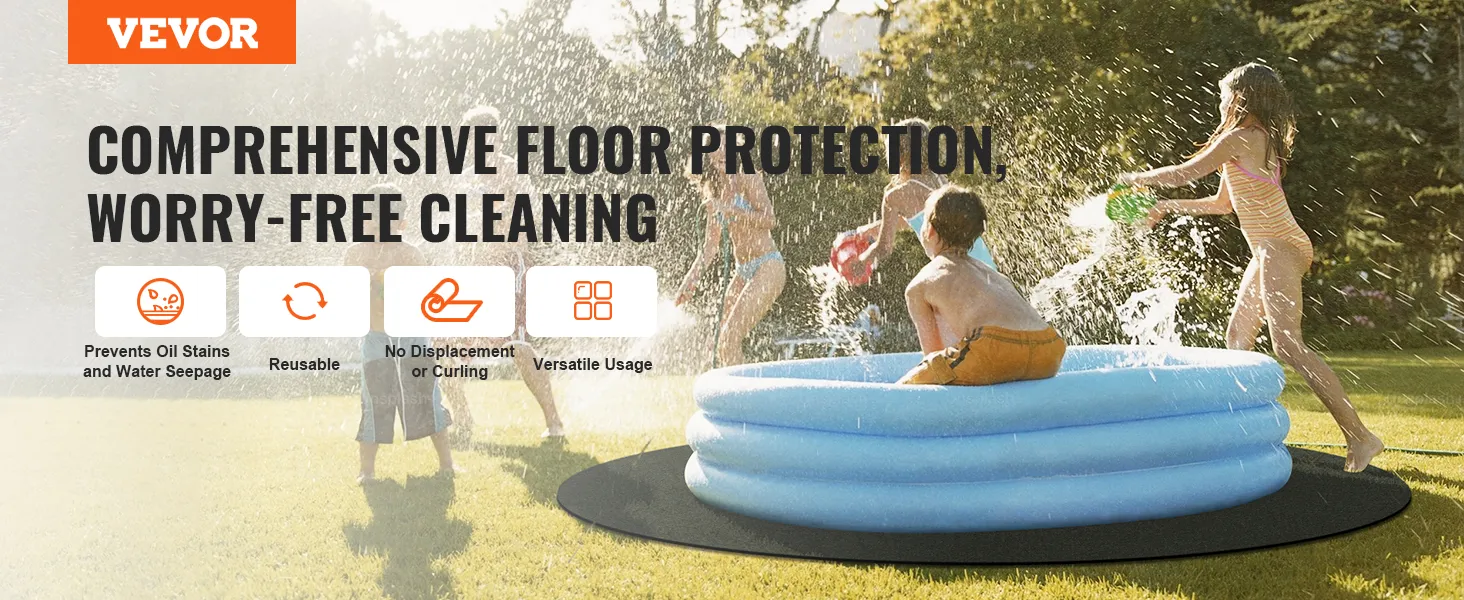 dzieci bawiące się w dmuchanym basenie na macie do jacuzzi VEVOR, podkreślające korzyści płynące z ochrony podłogi.