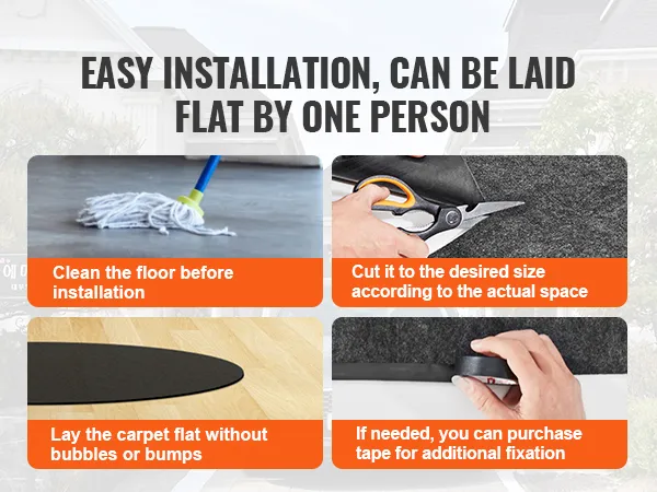 łatwa instalacja maty do jacuzzi VEVOR: oczyść podłogę, przytnij na wymiar, rozłóż płasko i w razie potrzeby użyj taśmy.