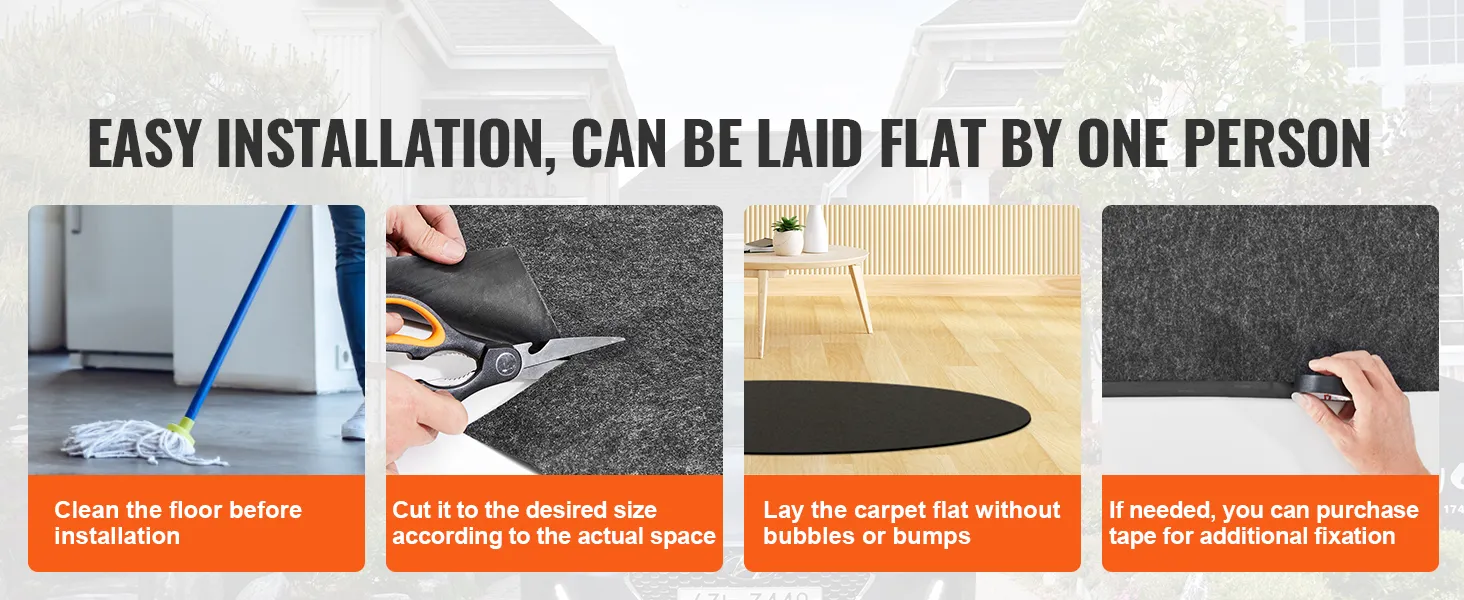 łatwa instalacja maty do jacuzzi VEVOR: oczyść podłogę, przytnij na wymiar, rozłóż płasko i w razie potrzeby użyj taśmy.