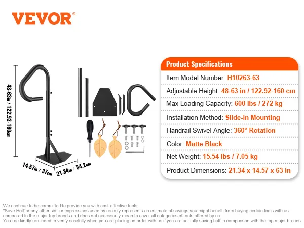 VEVOR hot tub handrail, adjustable height 48-63 in, max load 600 lbs, 360° rotation, matte black.