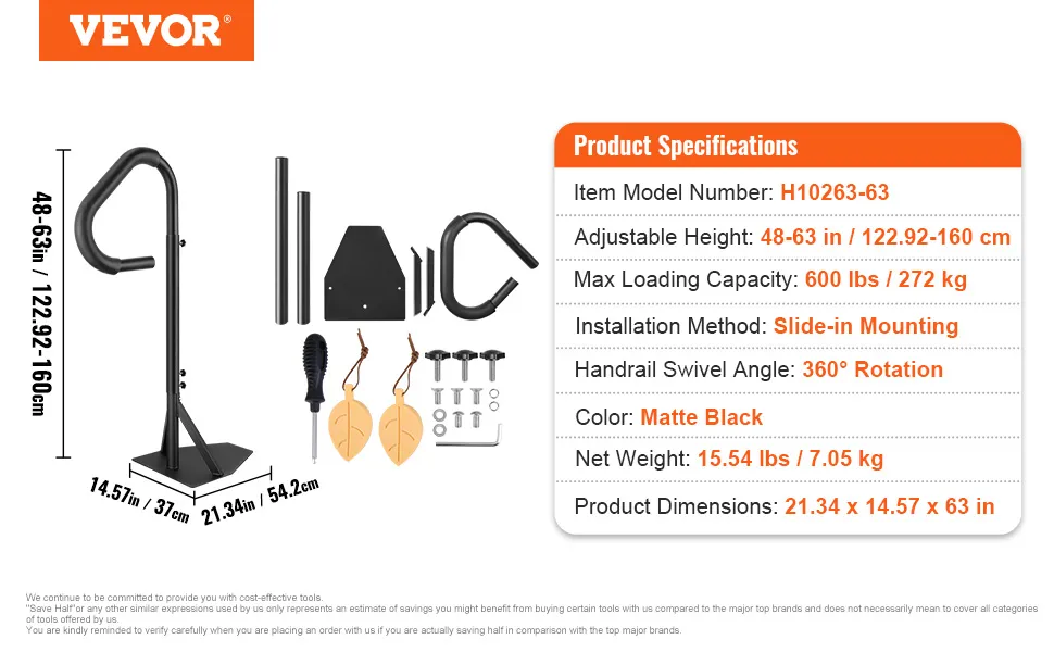 VEVOR hot tub handrail, adjustable height 48-63 in, max load 600 lbs, 360° rotation, matte black.